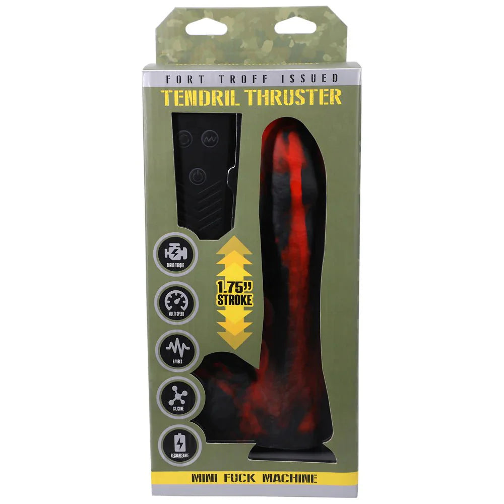 Fort Troff Tendril Thruster Mini Fuck Machine packaging showing red/black thrusting dildo with remote and features highlighted.