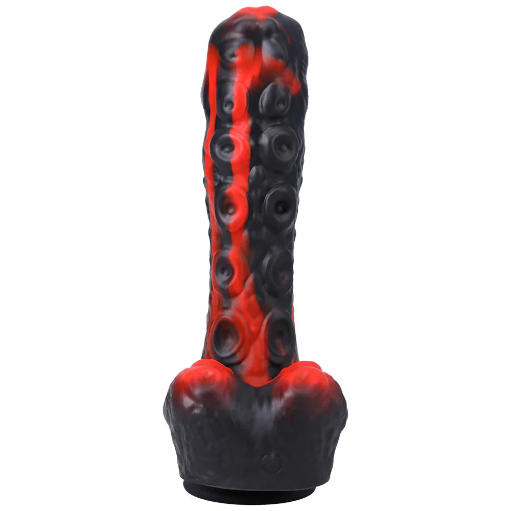 Red and black textured silicone dildo, rechargeable and remote-controlled, designed for deep thrusting and powerful performance.