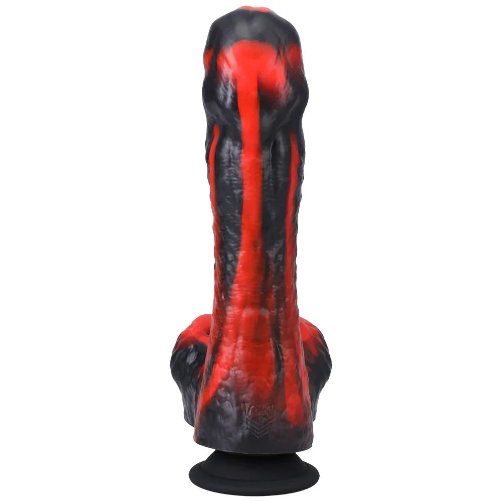 Red and black silicone thrusting dildo with textured design and suction base.