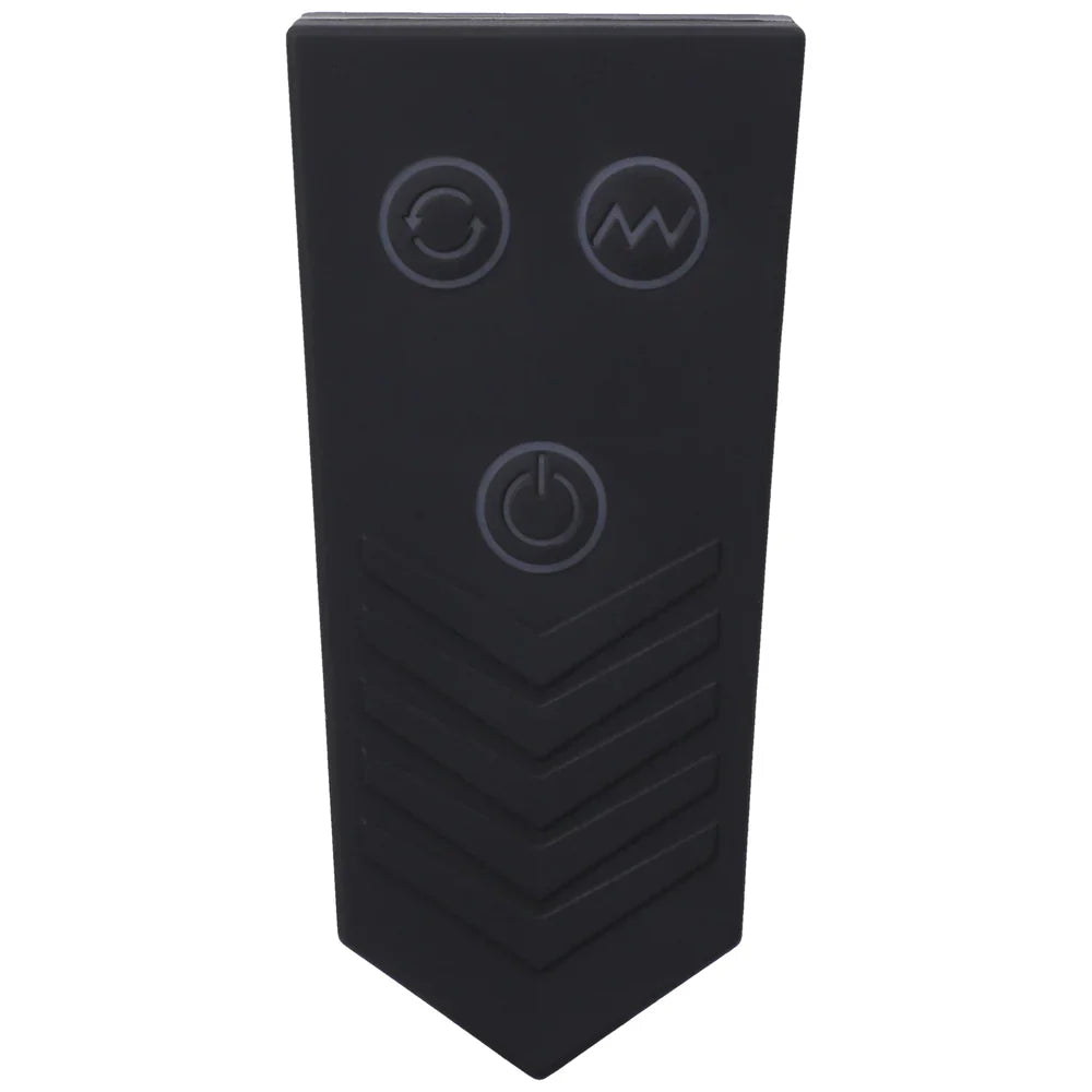 Remote control for Tendril Thruster Mini Fuck Machine with button symbols, black design.