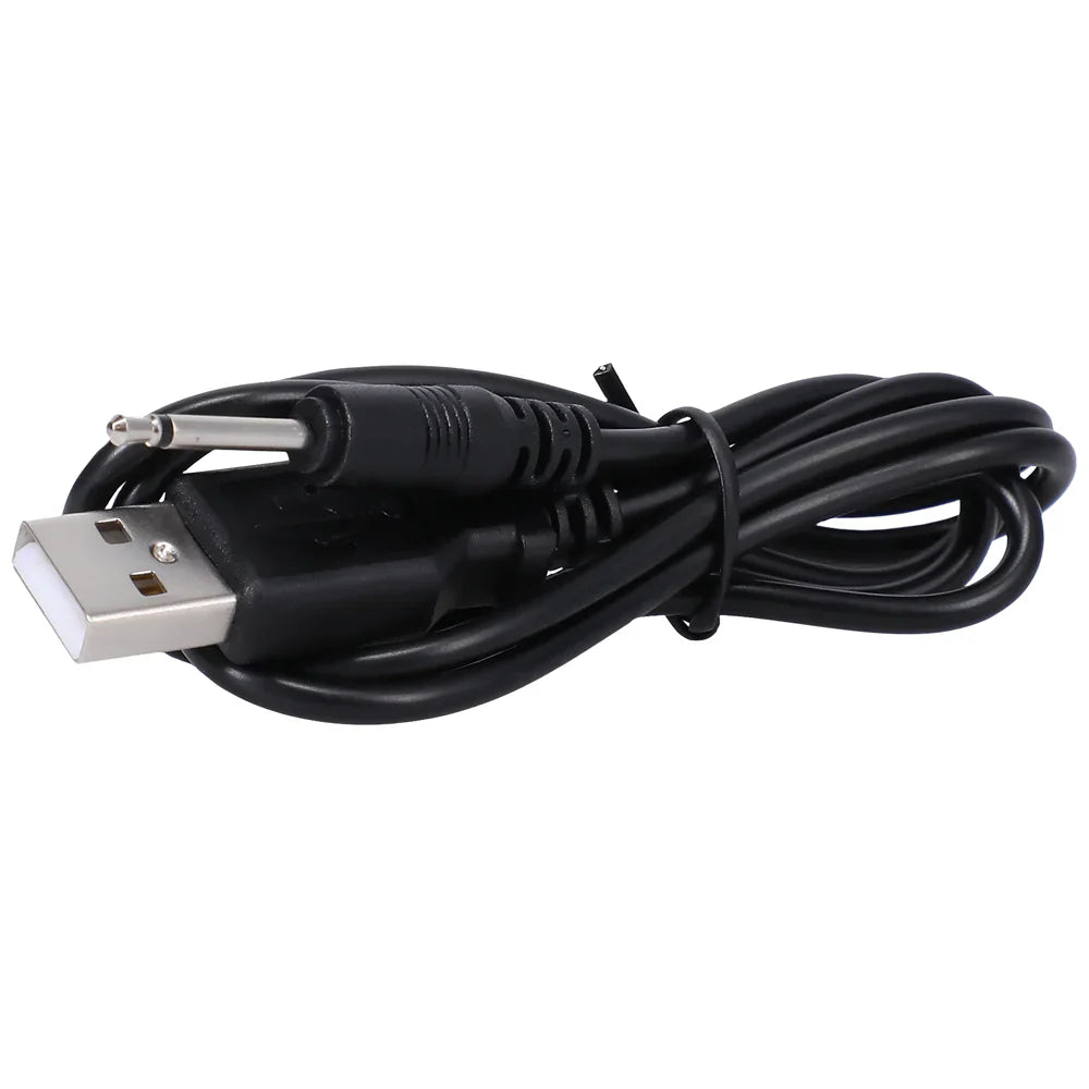 Black USB charging cable with round connector, coiled neatly.