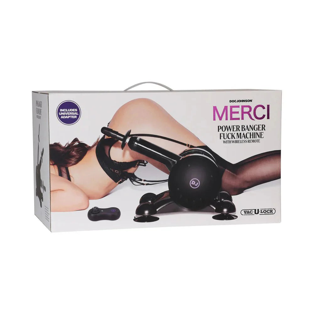 Merci Power Banger Fuck Machine box with wireless remote, showcasing adjustable thruster arm and secure suction cups.