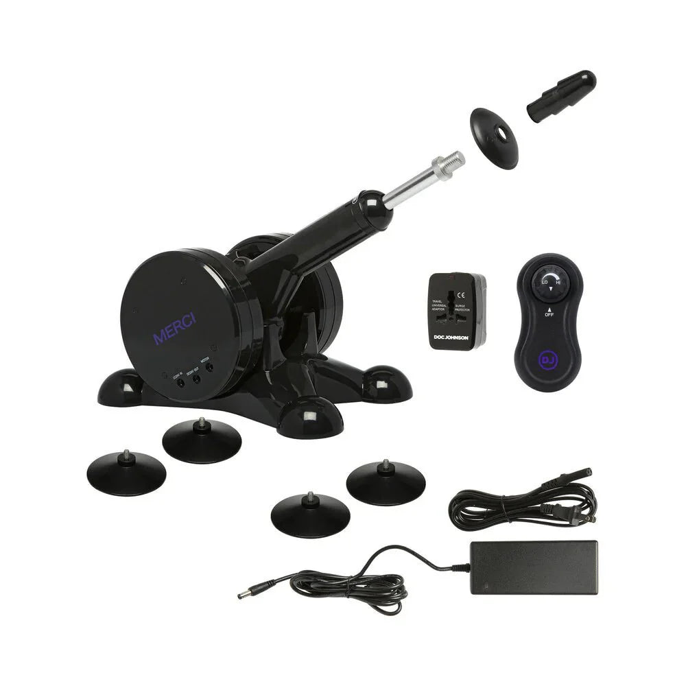 Merci Power Banger Fuck Machine with accessories, wireless remote, and suction cups, compatible with lube and personal lubricants.