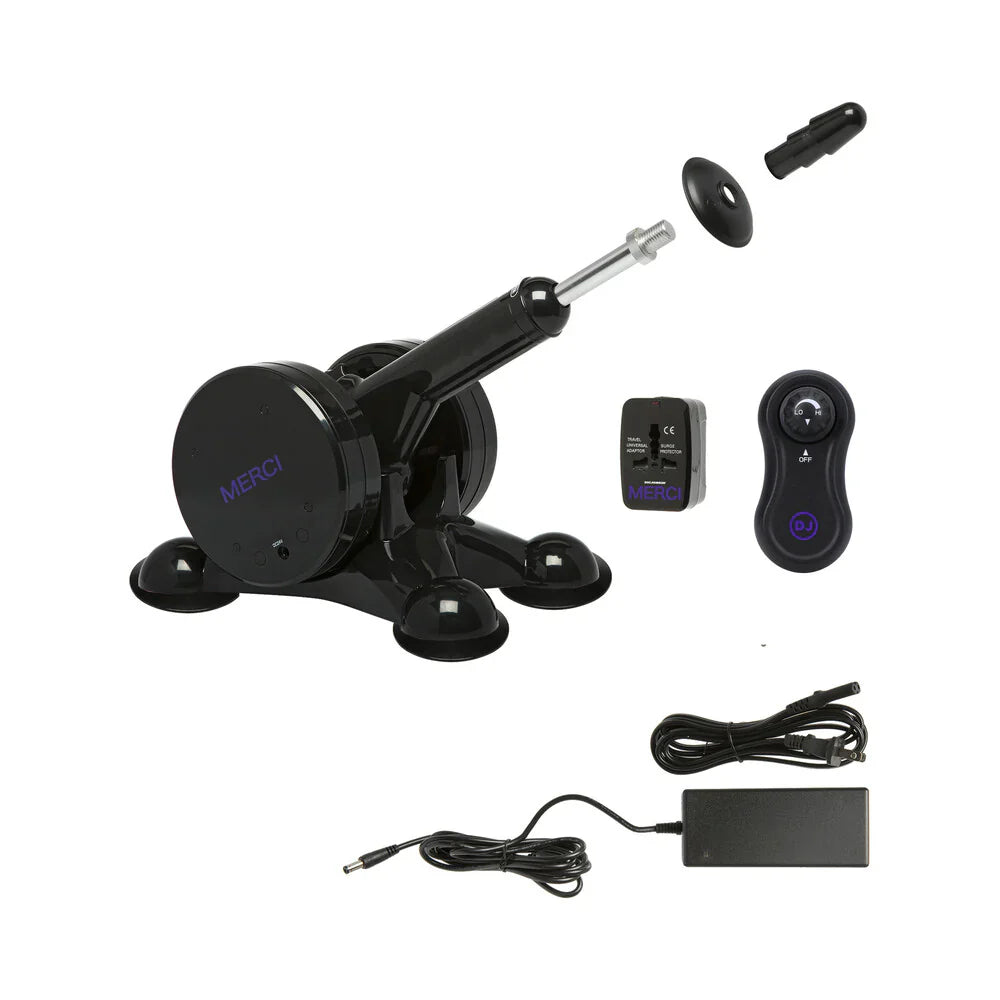 Merci Power Banger machine with wireless remote, various attachments, and power cables for enhanced pleasure using lubricant.