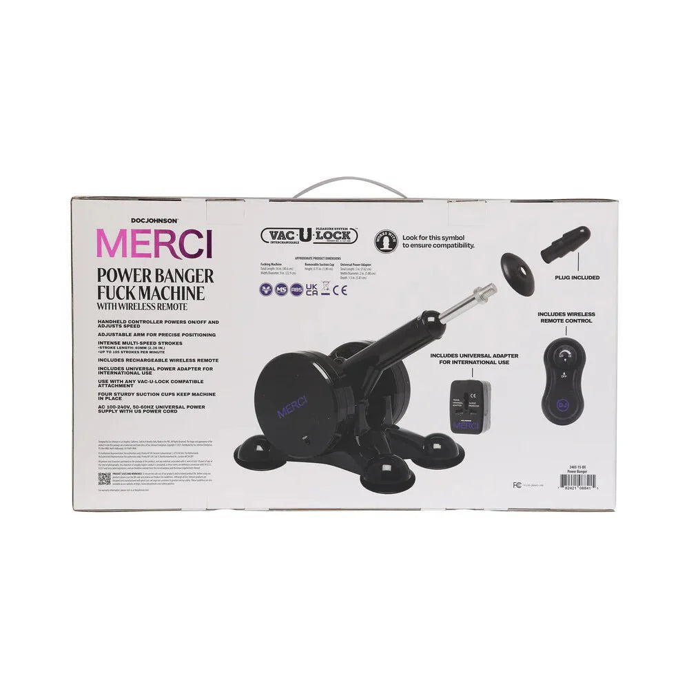 Merci Power Banger Fuck Machine box with wireless remote, adjustable thruster, and secure suction cups for enhanced pleasure.