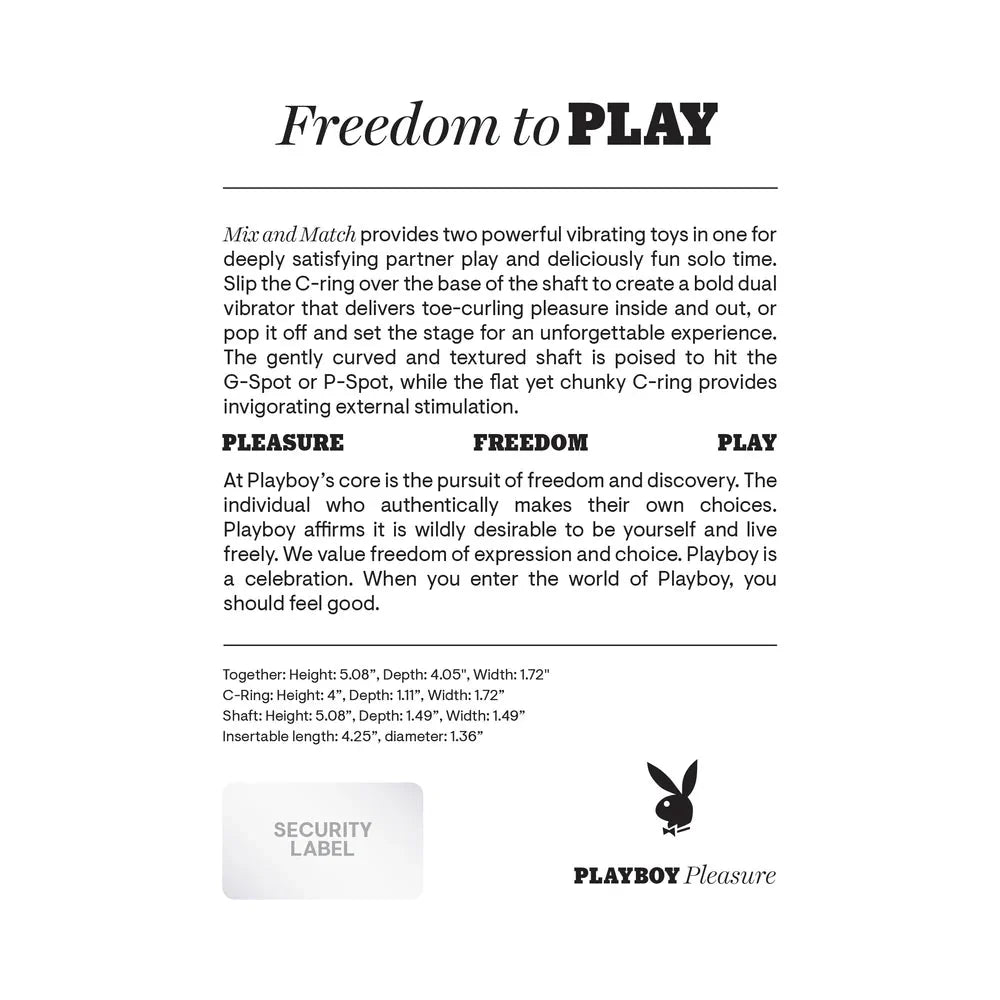 "Playboy Mix & Match G-Spot Vibe and C-Ring packaging with product description and dimensions."
