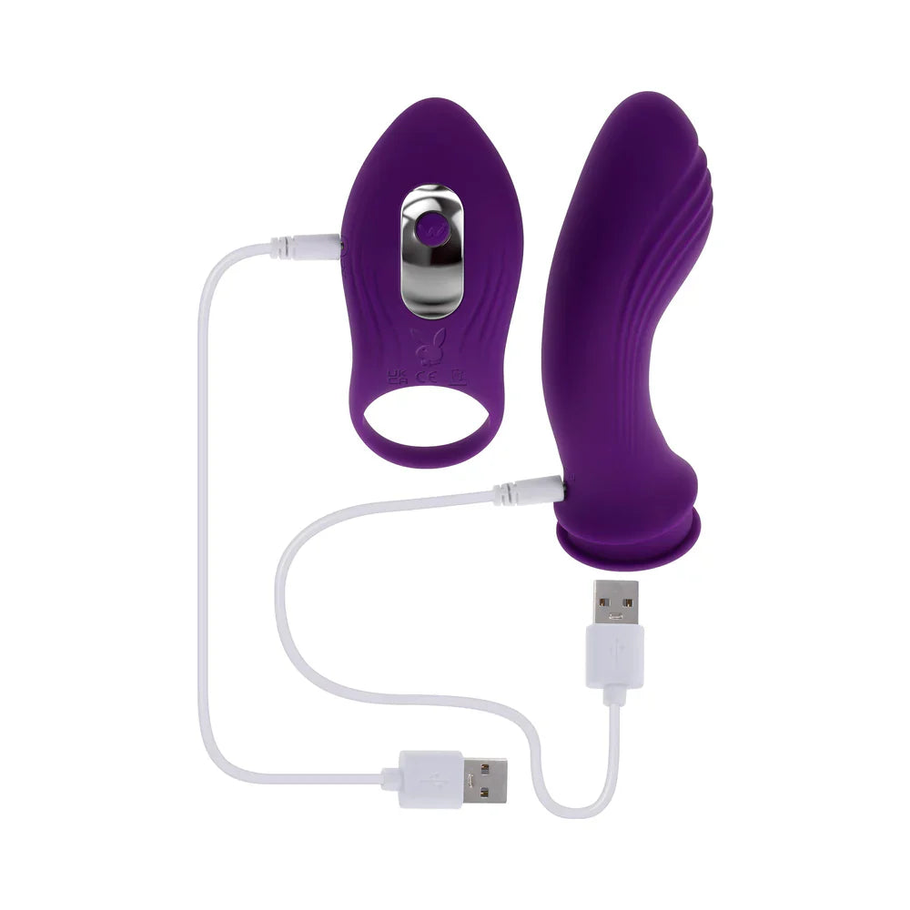 Playboy Mix & Match G-Spot Vibe and C-Ring in purple with USB charging cables for versatile pleasure options.