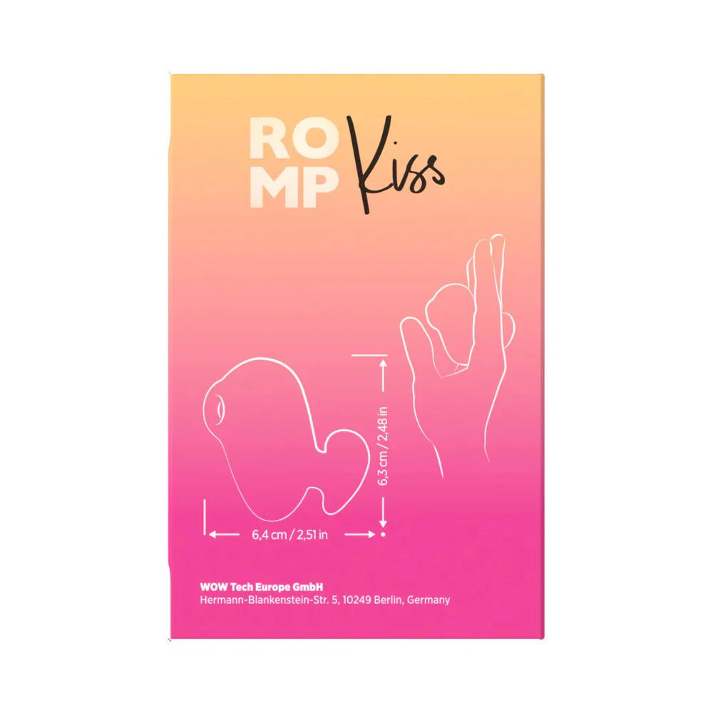 ROMP Kiss Clitoral Stimulator packaging with product dimensions illustration.