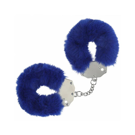 Navy blue fluffy handcuffs with secure locking mechanism for playful and exciting intimate moments