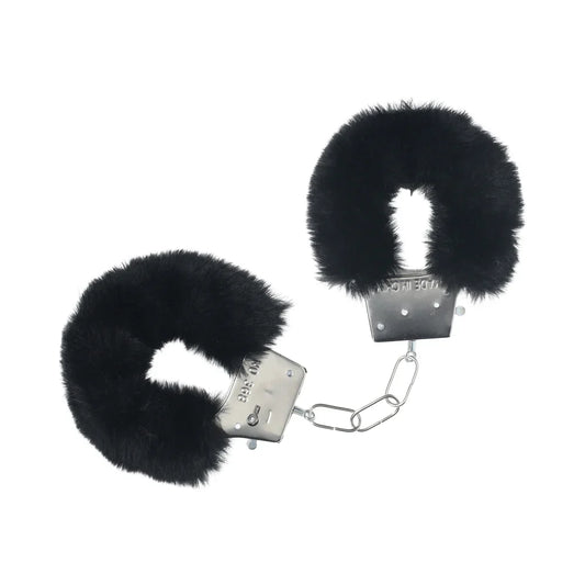 Black fluffy handcuffs with secure locking mechanism for intimate moments and cosplay events.