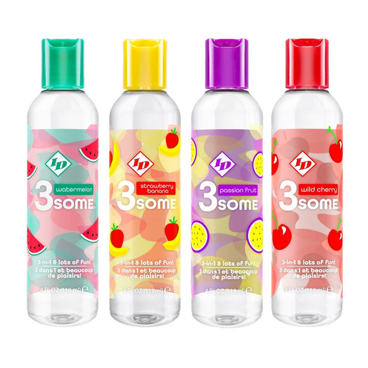 ID 3Some 3-in-1 & Lots Of Fun - Warming, Lickable, & Massage 4 oz (118 mL) - 4 Flavors! - sexlube.com