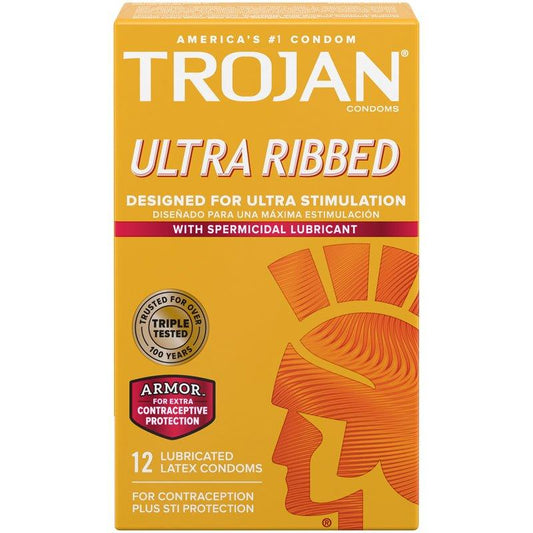 Trojan Ultra Ribbed - w/Spermicidal Lubricant - 12-pk - sexlube.com