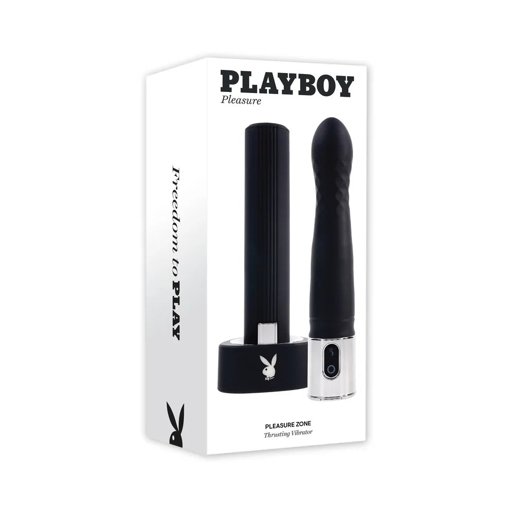 Playboy Pleasure Zone Thrusting Vibrator in packaging with diamond textures and 10-speed settings for an intense experience.