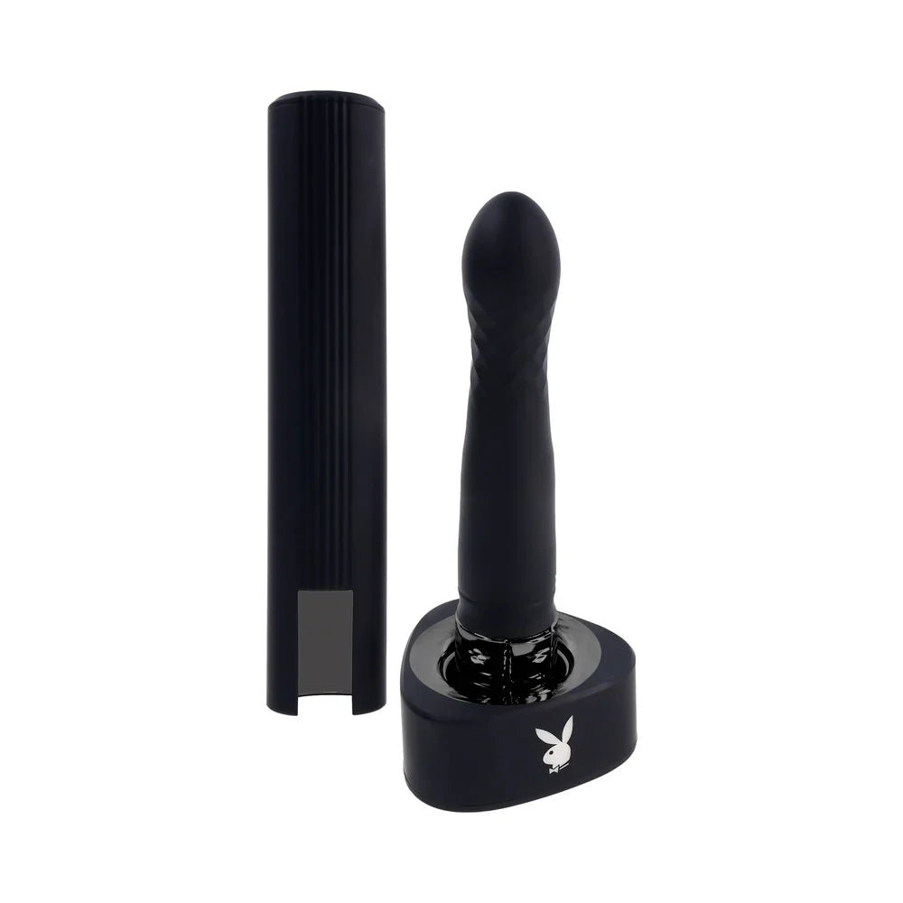 Black Playboy Pleasure Zone Thrusting Vibrator with protective case, featuring diamond-pattern textures for intense sensations.
