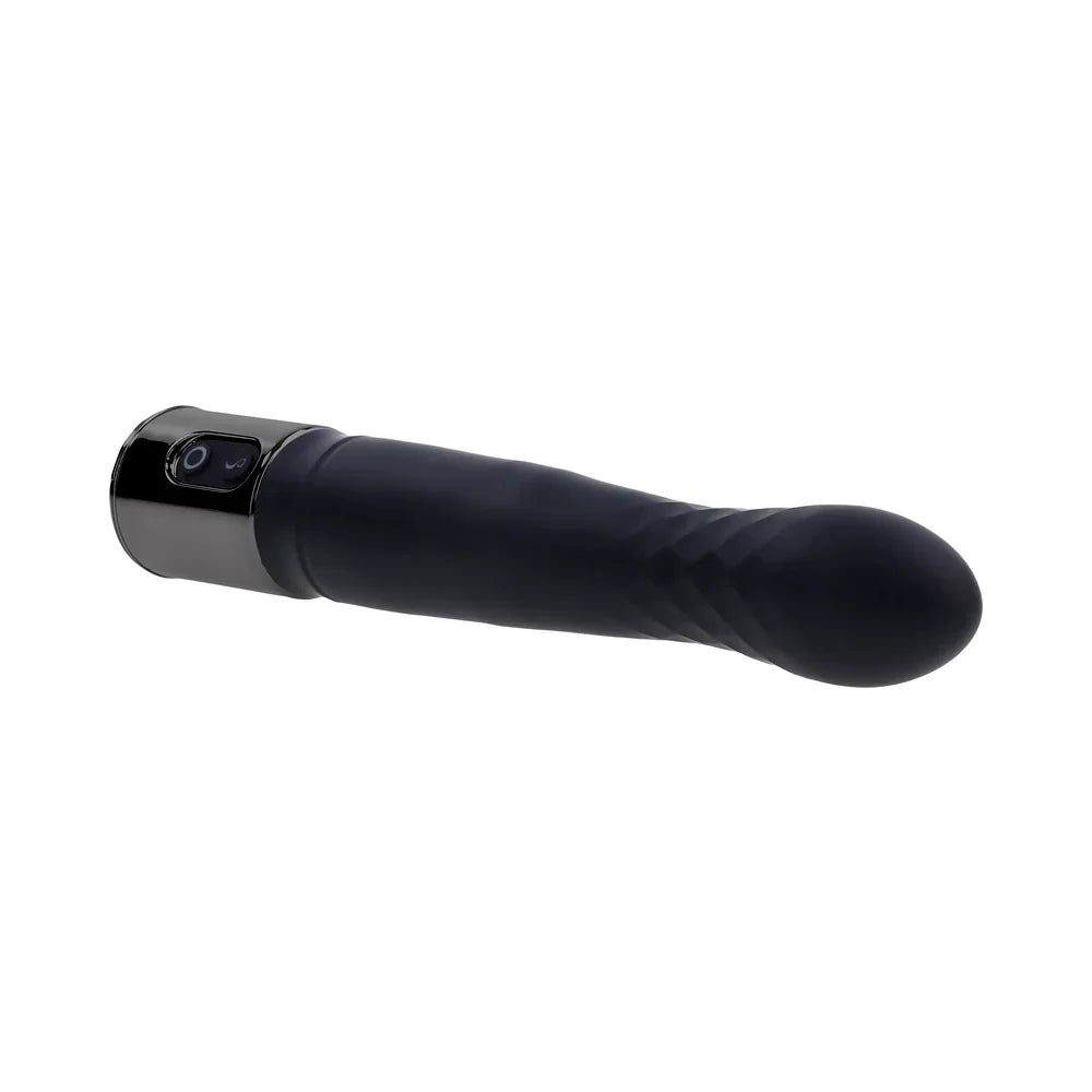 Rechargeable black thrusting vibrator with diamond-pattern texture and tapered head for intense pleasure.