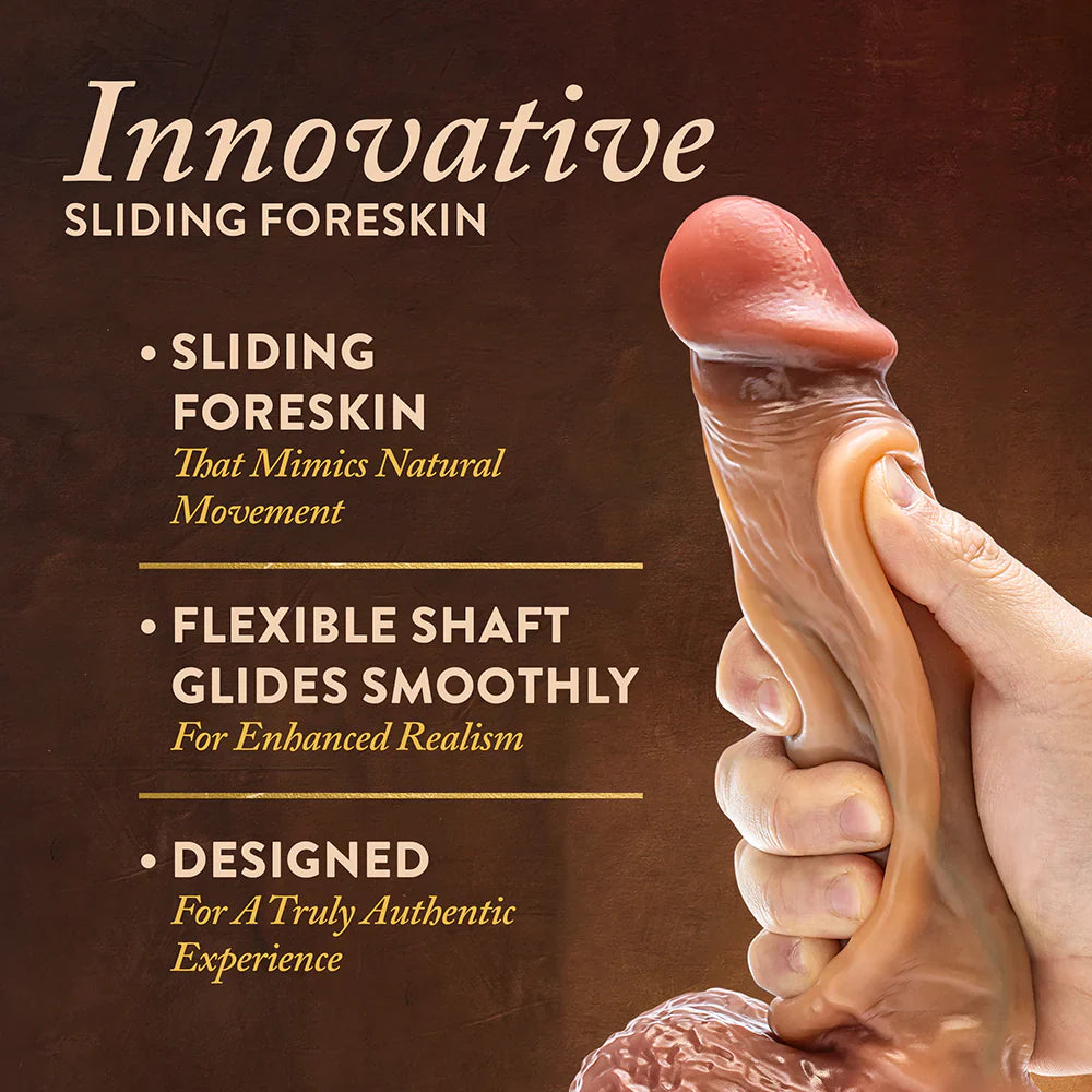 Renaissance Raphael Sliding Foreskin Dildo with Squeezable Balls 9.5 in. Tan